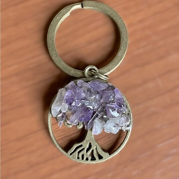 Purple Amethyst Tumbled Stone Tree Designed Key Chain w/ Bronze Hardware