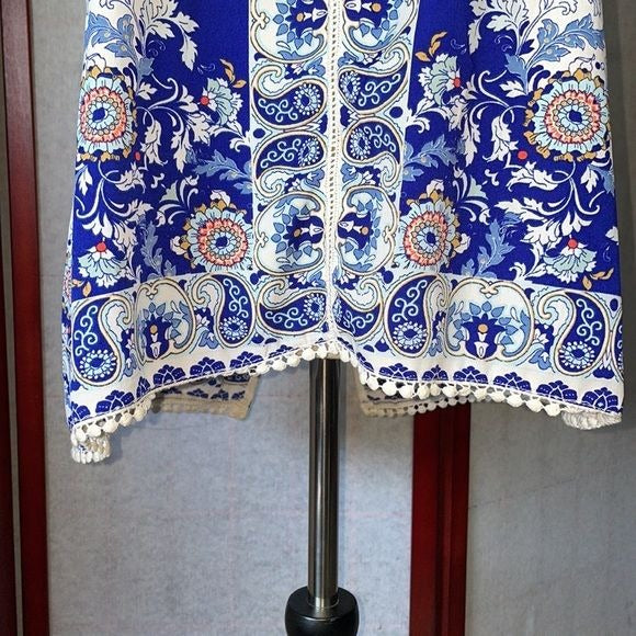 Japana Blue, White and Pink Bohemian Racerback with Floral Designs (Size: Large)
