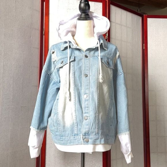 Shein XL Layered Light Wash Denim Jacket with White Hood and End of Sleeves