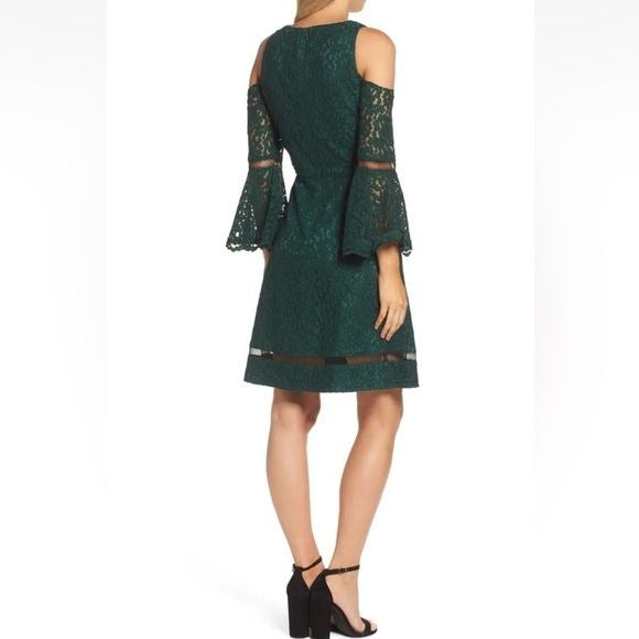 Eliza J. (Like New) Hunter Green Lace Bell Sleeve Cold Shoulder Dress (Size: 8)
