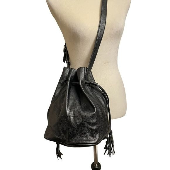 Black Faux Leather Crossbody Bucket Bag with Tassels and Adjustable Strap