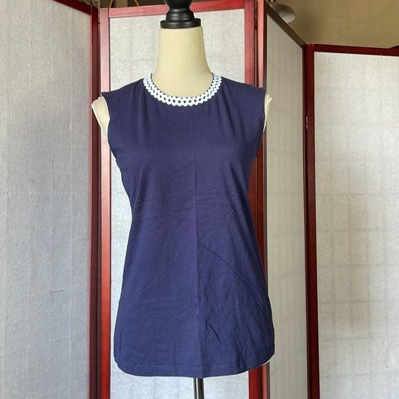 1901 Navy Blue Sleeveless Top with White Fabric Around Neckline 100% Cotton