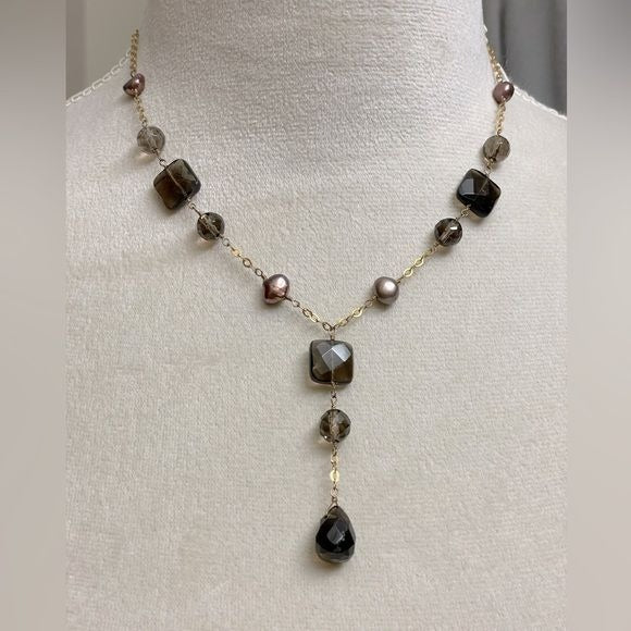 Beaded Necklace with Faux Gold Chain, Clasp in the Back & Hanging Center Piece