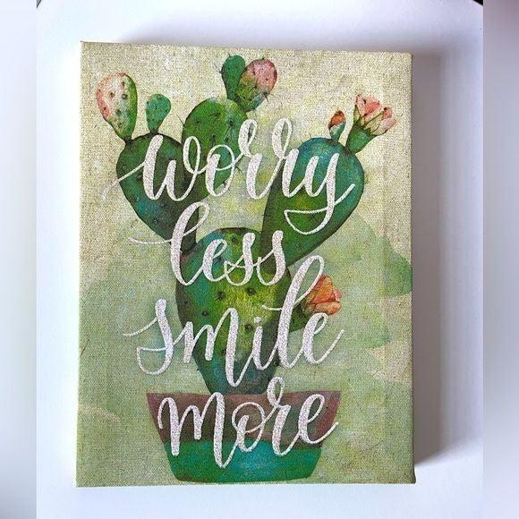 “Worry Less Smile More” Small Printed Canvas w/Green & Pink Cactus Design