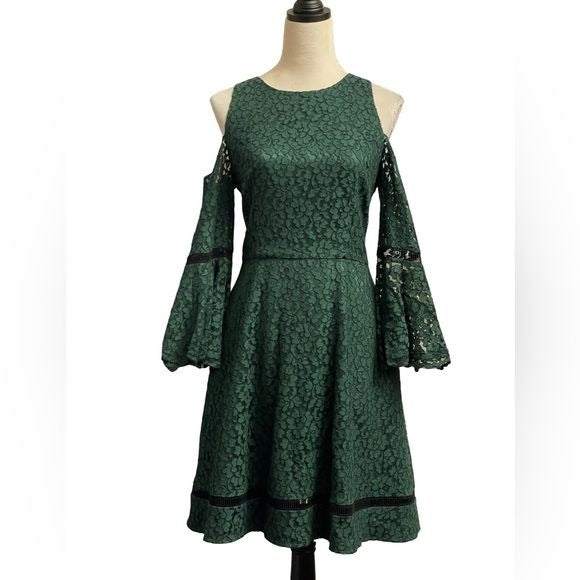 Eliza J. (Like New) Hunter Green Lace Bell Sleeve Cold Shoulder Dress (Size: 8)