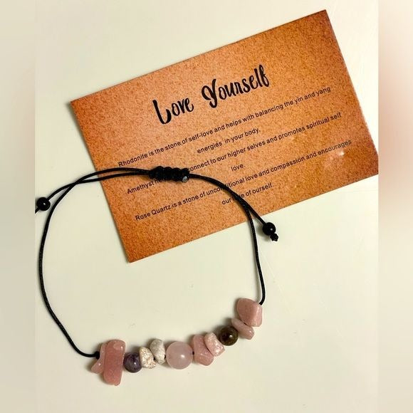“Love Yourself” Tumbled Multi-Stone Bracelet (Rose Quartz, Amethyst, Rhodonite)