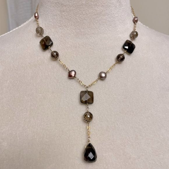 Beaded Necklace with Faux Gold Chain, Clasp in the Back & Hanging Center Piece