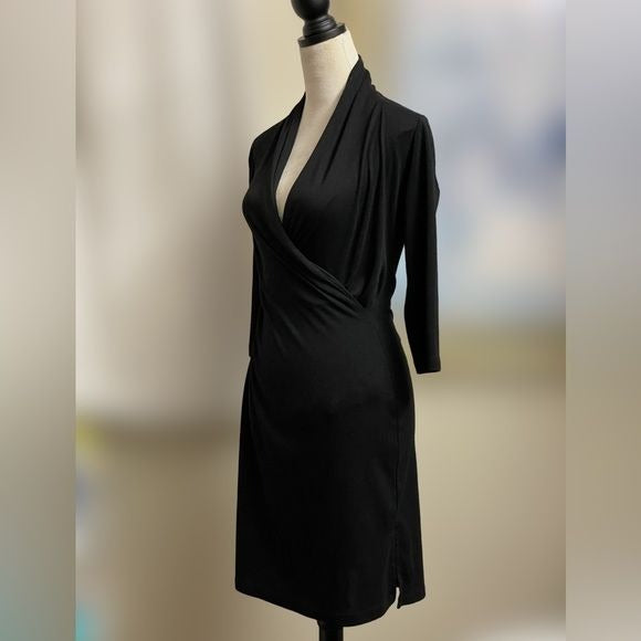 Candy’s Black Wrap Dress with Cinched Waistline and 3/4 Sleeves (Size: Medium)
