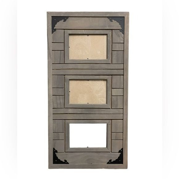 Hanging Wooden Picture Frame (Holds Three 4x6 Photos) w/Black Metal Accents