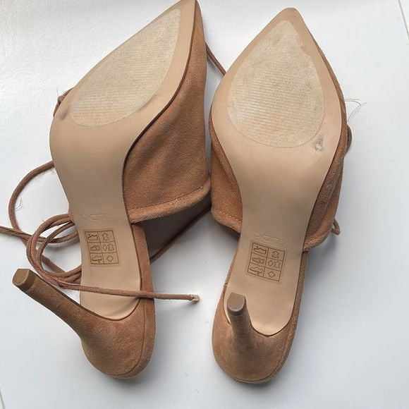 Aldo “Carolina” Faux Suede Tan Mule with Straps on the Legs