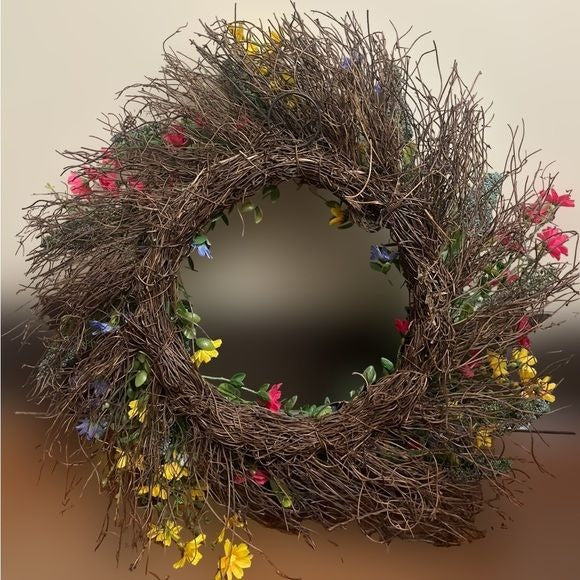 Wreath with Colorful Faux Flowers and Leaves and a Hook on the Back