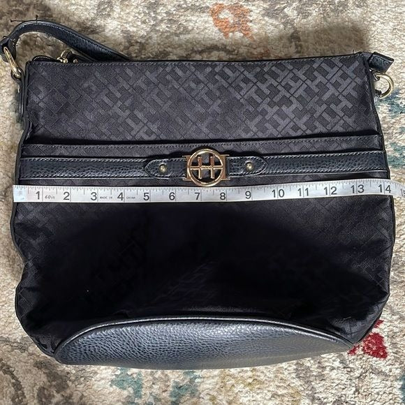 Tommy Hilfiger Signature Canvas And Faux Leather Black and Gold Shoulder Bag