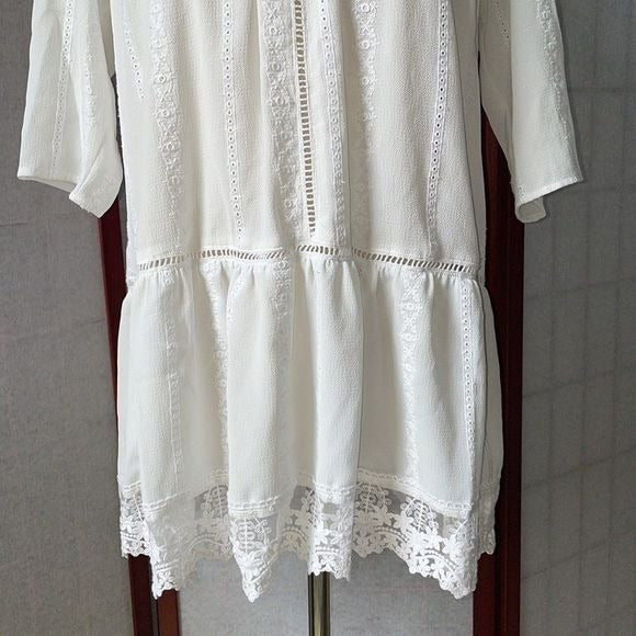 Anthropologie Leith White Lace High Neck Tunic with Eyelet Cut Outs