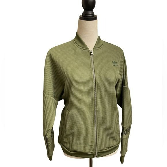 Adidas Originals Army Green Waffle Knit Full Zip Bomber Jacket (Medium)