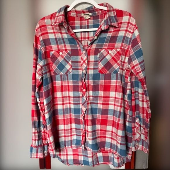 Levi’s Men’s Red, Blue and Gray Button Up Flannel 100% Cotton (Size: Large)
