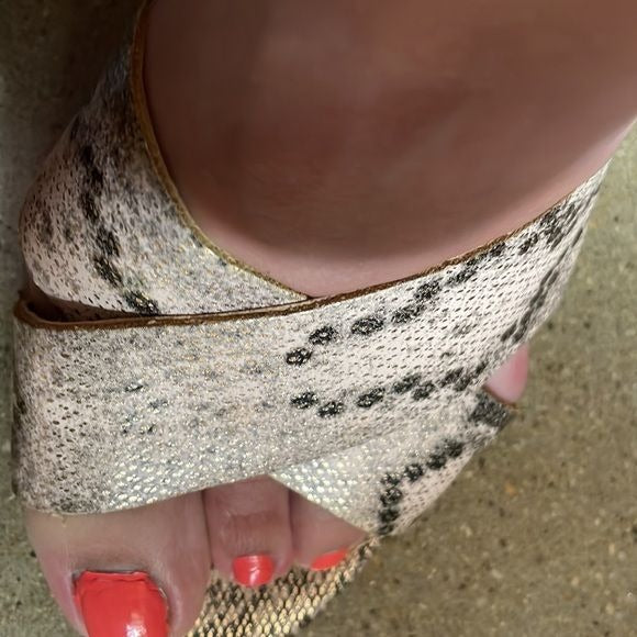 Betsey Johnson Bazar Ankle Strap Heels w/Metallic Snakeskin Print (Size: 7.5)