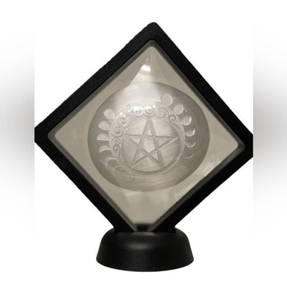 Selenite Crystal with Etched 5 Pointed Star & Moon Phases w/Black Display Stand