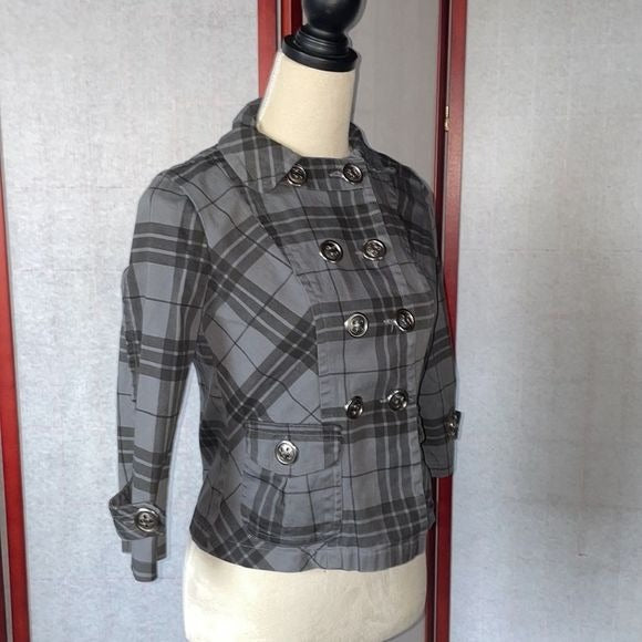 FANG Plaid Cropped Double Breasted Jacket with 3/4 Sleeves (Size: Small)