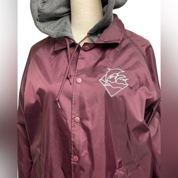 Pink Dolphin Men’s Deep Burgundy Button Up Hooded Windbreaker (Size: Medium)