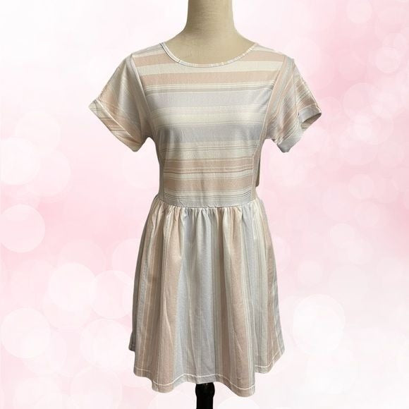 Pastel Pink, Purple & White Striped Adorable Short Sleeve Dress (Size: Small)