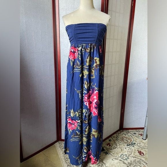 Charlotte Russe Blue Strapless Maxi Dress with Floral Print (Size: Small)