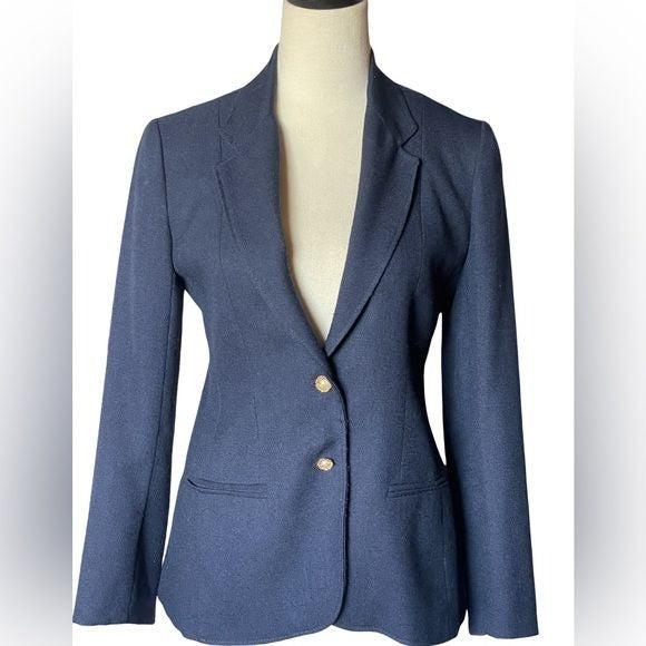 Vintage Wool Larry Levine Women’s Blue Blazer w/Floral & Pearl Buttons (Small)