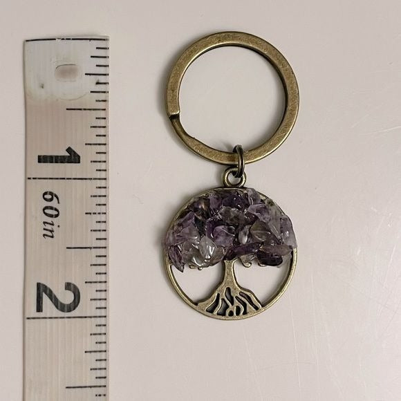 Purple Amethyst Tumbled Stone Tree Designed Key Chain w/ Bronze Hardware