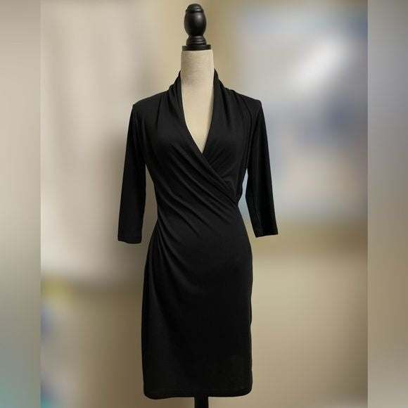 Candy’s Black Wrap Dress with Cinched Waistline and 3/4 Sleeves (Size: Medium)