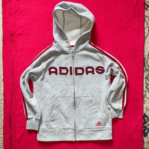 Adidas Boy’s Gray and Red Full Zip Hoodie with Three Stripes on Sleeves