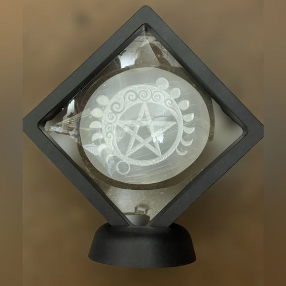 Selenite Crystal with Etched 5 Pointed Star & Moon Phases w/Black Display Stand