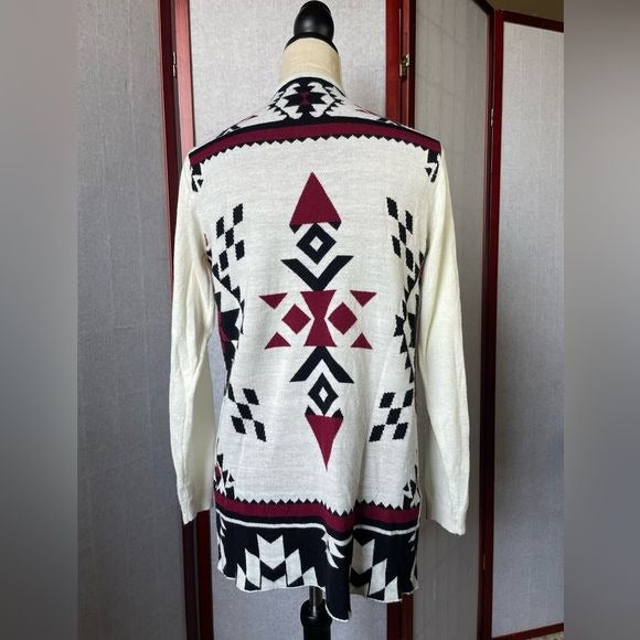 Material Girl Red, White, and Black Draped Open Cardigan w/Aztec Print (Medium)