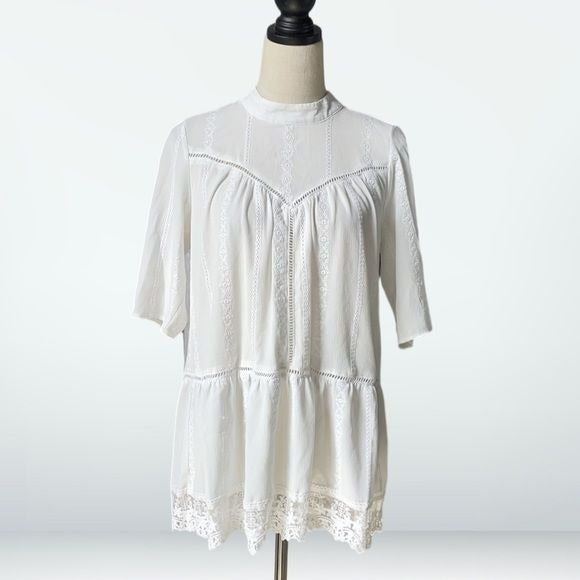 Anthropologie Leith White Lace High Neck Tunic with Eyelet Cut Outs