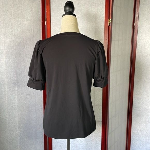 Ann Taylor Factory Black Puffed Sleeves Short Sleeve Blouse (Size: Small)