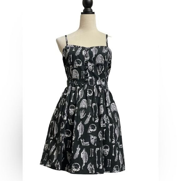 Hell Bunny Black & White “X-Ray” Designed Fit & Flare Rockabilly Dress (XL)