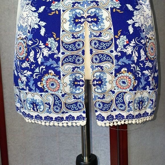 Japana Blue, White and Pink Bohemian Racerback with Floral Designs (Size: Large)