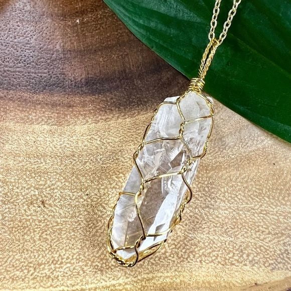 Clear Quartz Crystal Pendant Wrapped w/Gold Wiring (Does not Come w/Chain)