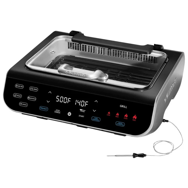 Gourmia Foodstation Smokeless Grill, Griddle, & Air Fryer with Built-in Temperature Probe