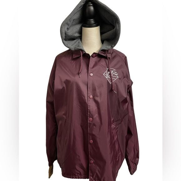 Pink Dolphin Men’s Deep Burgundy Button Up Hooded Windbreaker (Size: Medium)