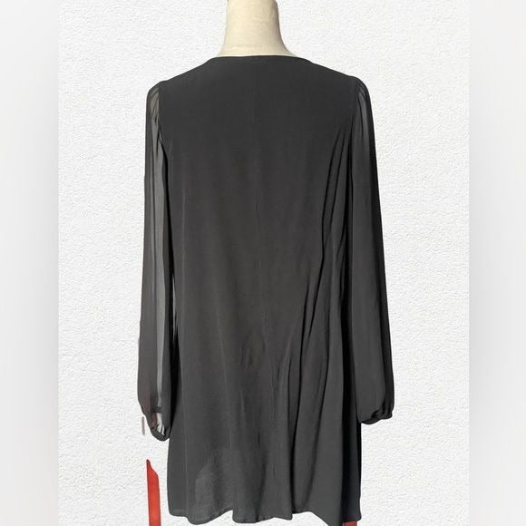 Express Black V-Neck Shift Tunic Dress w/Sheer Long Sleeves (Size: Large)