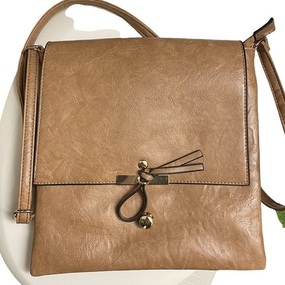 Camel Colored Faux Leather Adjustable Crossbody Bag with Multiple Pockets (NWOT)