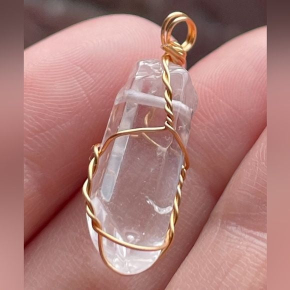 Clear Quartz Crystal Pendant Wrapped w/Gold Wiring (Does not Come w/Chain)