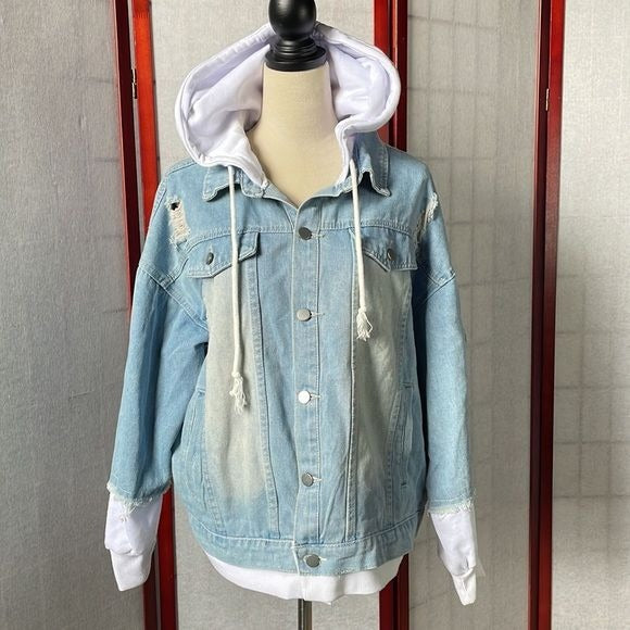 Shein XL Layered Light Wash Denim Jacket with White Hood and End of Sleeves