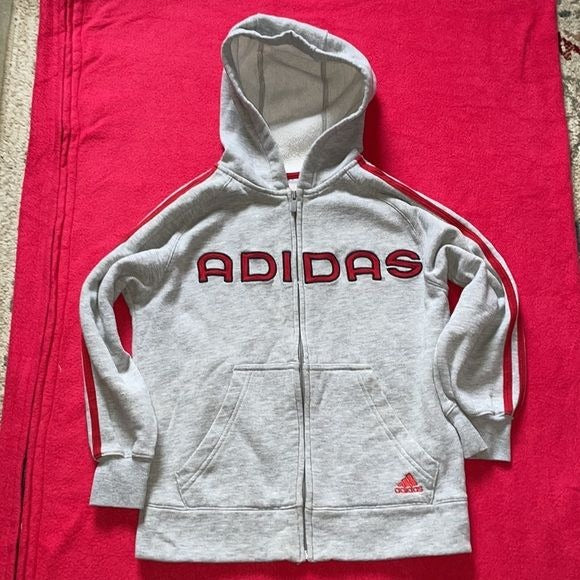 Adidas Boy’s Gray and Red Full Zip Hoodie with Three Stripes on Sleeves