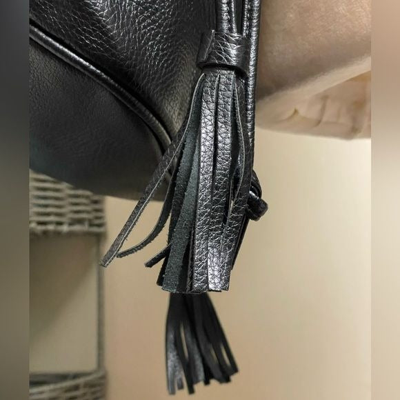 Black Faux Leather Crossbody Bucket Bag with Tassels and Adjustable Strap