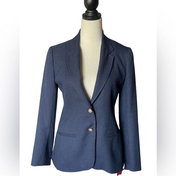 Vintage Wool Larry Levine Women’s Blue Blazer w/Floral & Pearl Buttons (Small)
