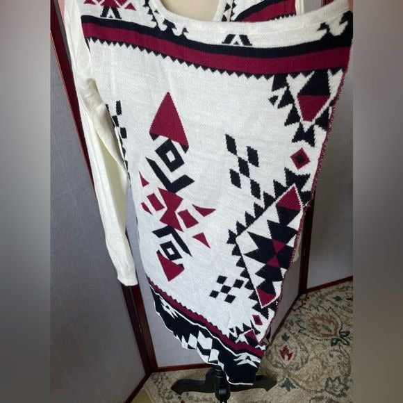 Material Girl Red, White, and Black Draped Open Cardigan w/Aztec Print (Medium)