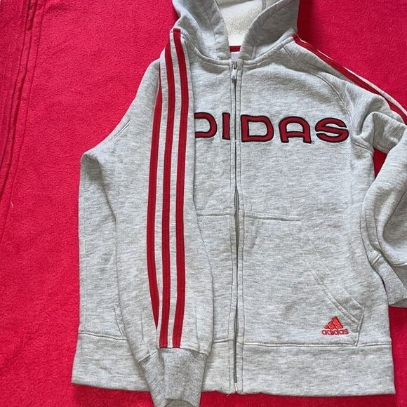 Adidas Boy’s Gray and Red Full Zip Hoodie with Three Stripes on Sleeves