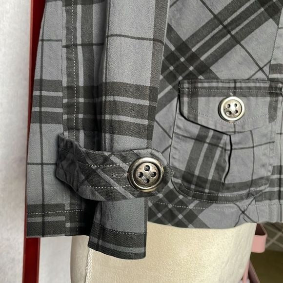 FANG Plaid Cropped Double Breasted Jacket with 3/4 Sleeves (Size: Small)