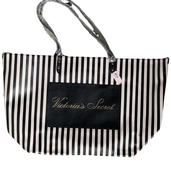 Victoria’s Secret Pale Pink and Black Striped Weekender Large Tote Bag (New)