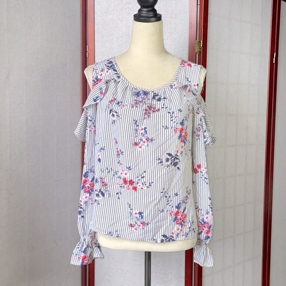 Xhilaration Blue and White Striped Cold Shoulder Floral Top w/Ruffles Size: Med